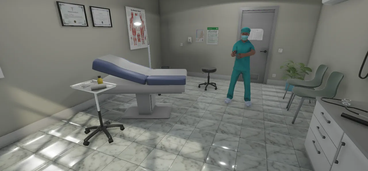 Virtual hospital examination room with a clinician in scrubs beside an exam couch
