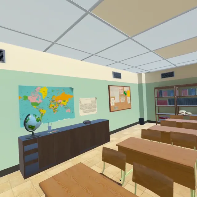 NeuroLearnVR virtual classroom with desks, a world map and a globe