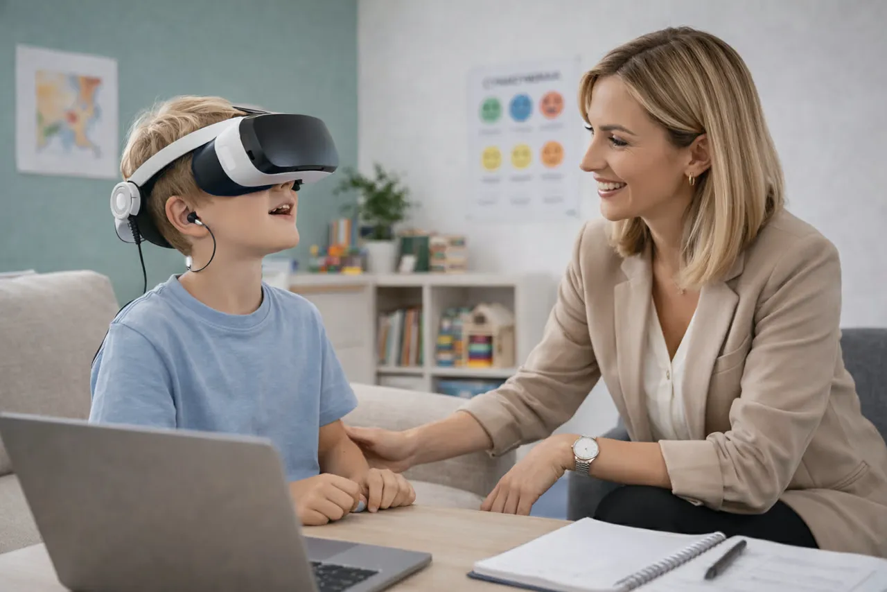 Child wearing a VR headset during a NeuroLearnVR session with a clinician
